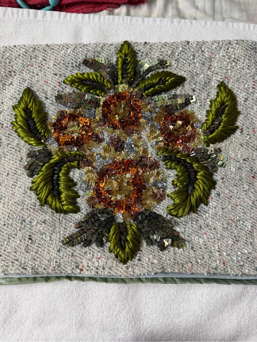 Vtg handmade Embellished Floral pillow cover in Ivory with Green Accents tweed